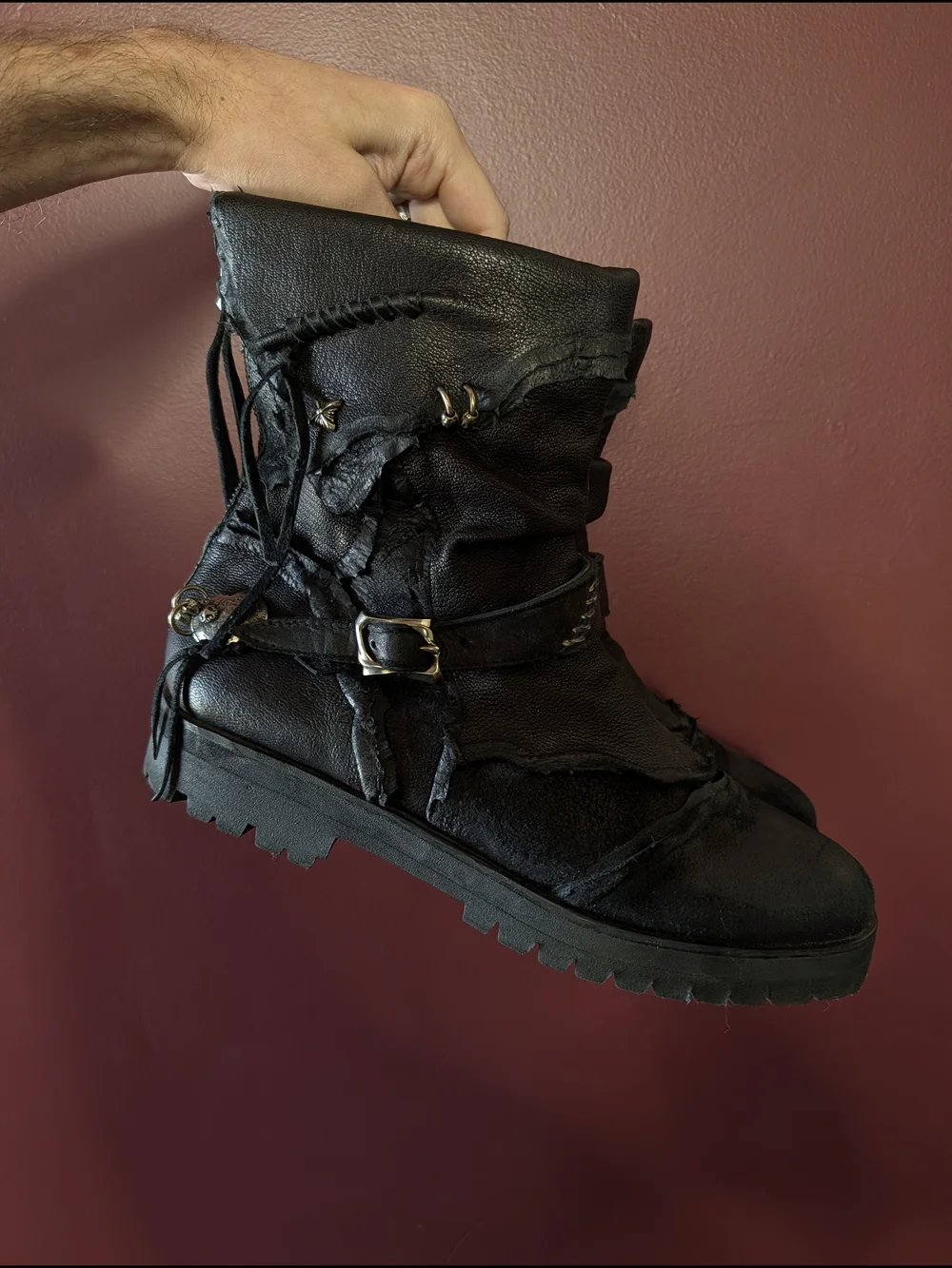 14TH ADDICTION Elvis Punk Black Blistered Leather Biker Combat Boots Sz10